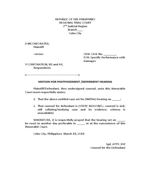 letter requesting postponement of hearing