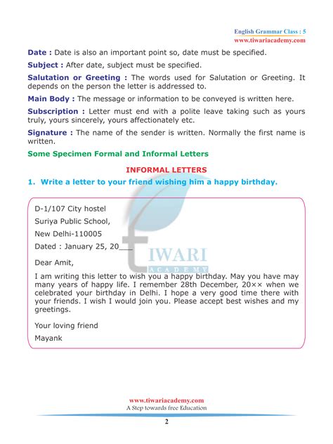 letter writing topics for class 5 informal with answers