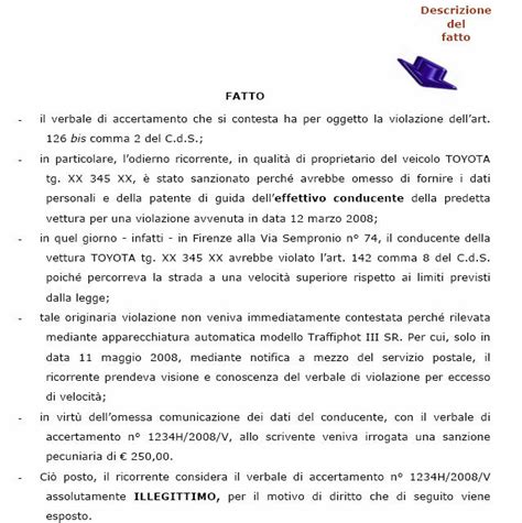 lettera ricorso per multa