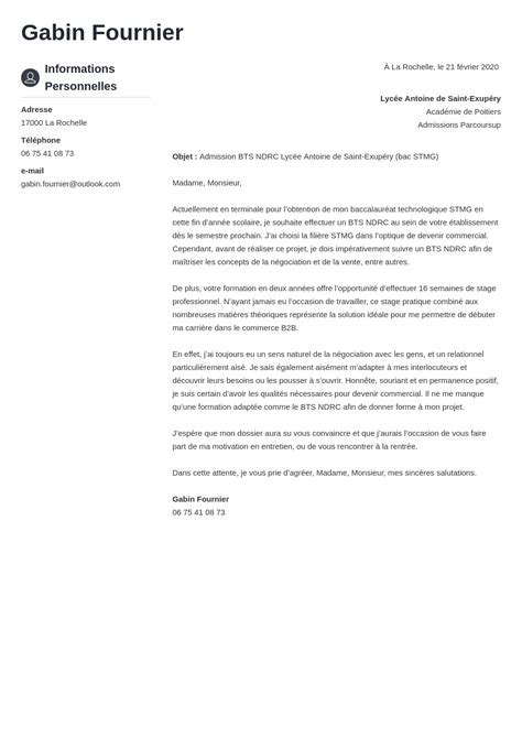 Exemple lettre de motivation BTS NDRC (Parcoursup ou non)