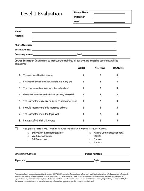 level 1 evaluation form template