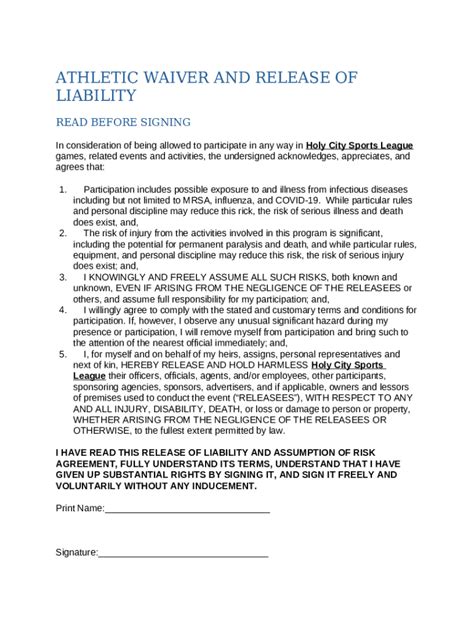 liability for athletic uniform form template