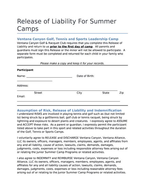 liability waiver form for summer camp
