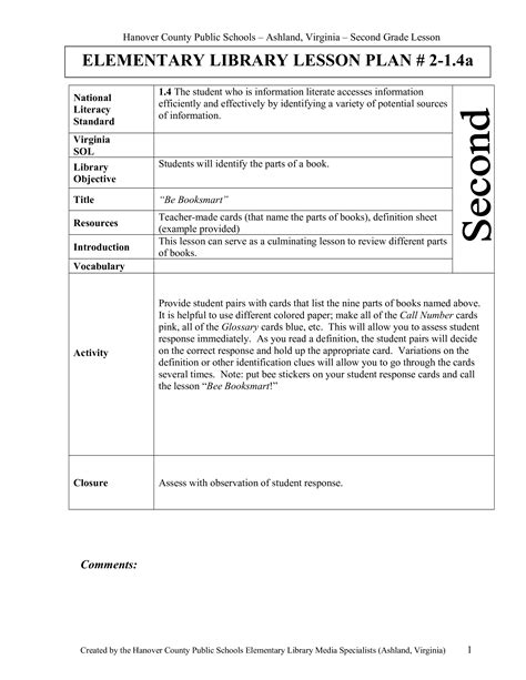 Library Lesson Plan Template Elementary Librarian