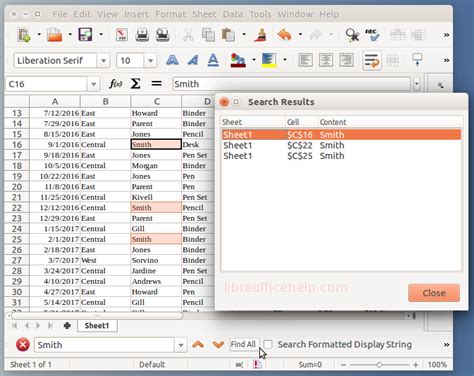 libreoffice calc find and replace function