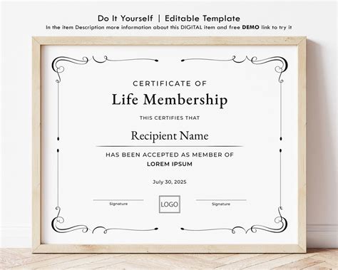 EDITABLE Life Membership Certificate Template Printable Etsy