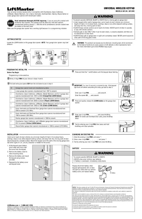 Liftmaster Keyless Entry Programming Instructions