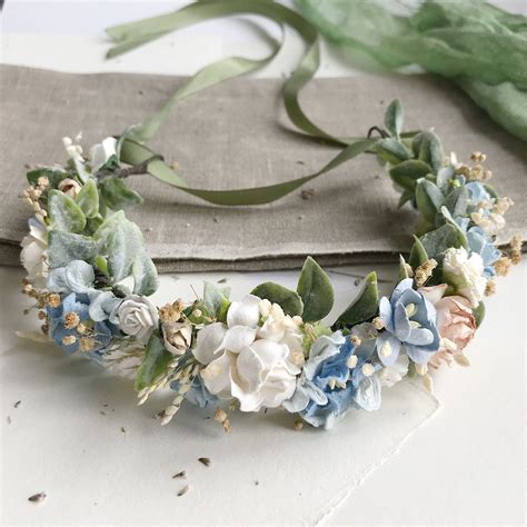Sale Side Light Blue Flower Crown With Glitter Leaves Etsy