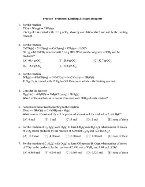 limiting and excess reactant practice questions