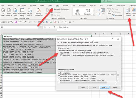 line break in excel text to columns