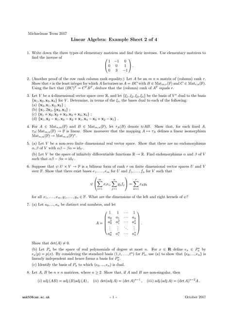 linear algebra example sheets
