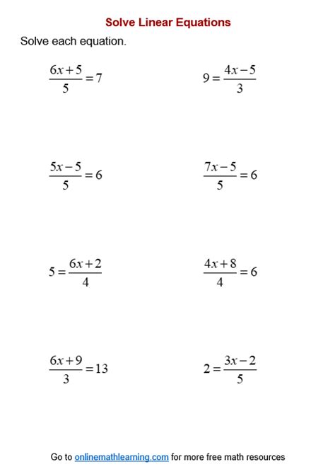 linear equation fraction worksheet pdf