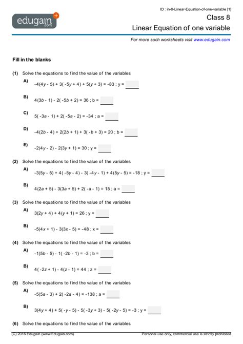 Linear Equation In One Variable Class 8 Sample Paper