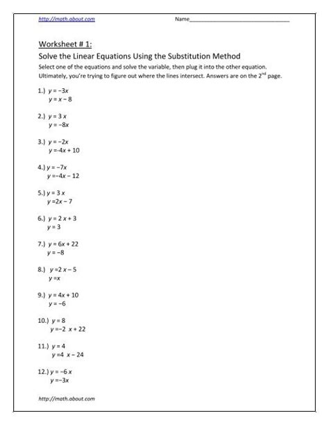 Linear Equations By Substitution Worksheet