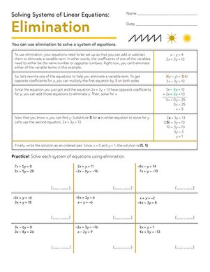 Linear Equations Elimination Method Worksheet