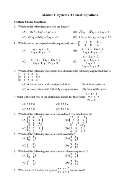 Linear Equations Multiple Choice Questions