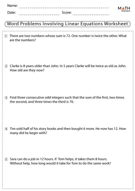 Linear Equations Word Problems Free Printable Worksheet
