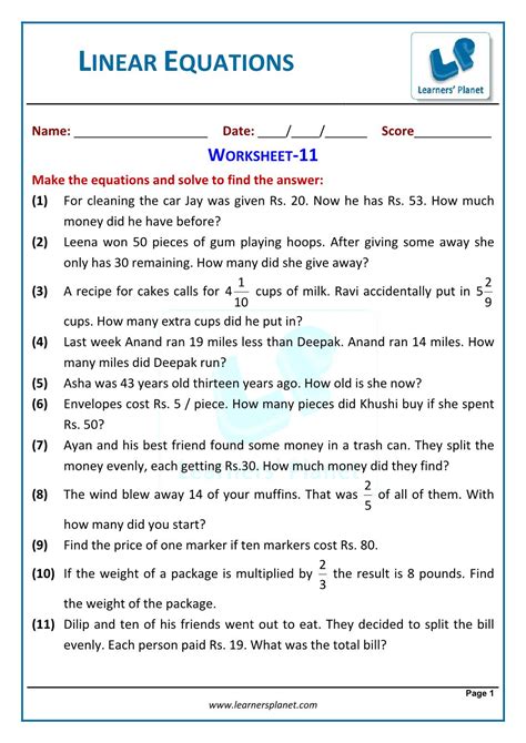 linear equations word problems worksheet with answers pdf