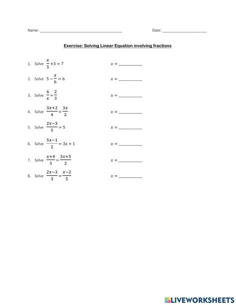 Linear Equations Worksheet With Fractions