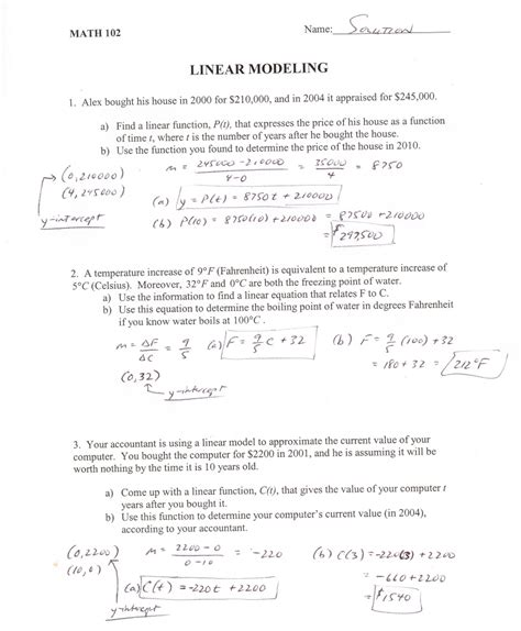 Linear Models Word Problems Worksheet Answers