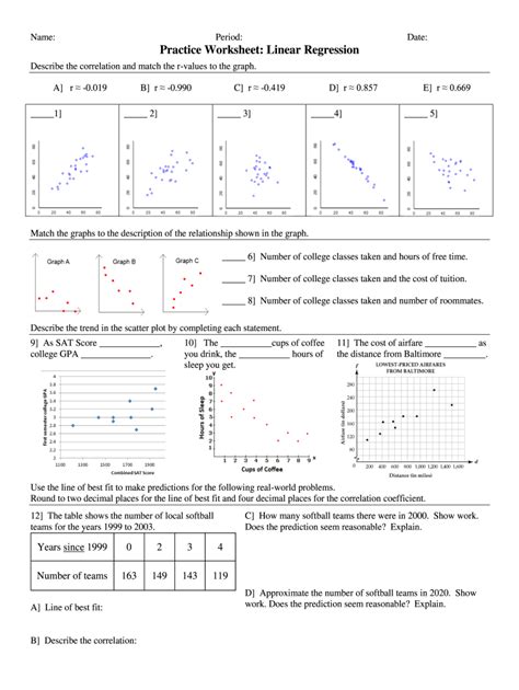 linear regression equation worksheet pdf