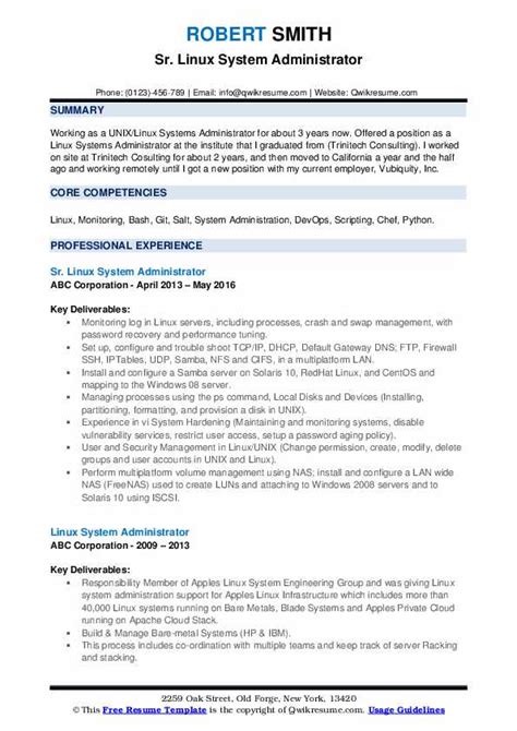 linux system administrator profile summary