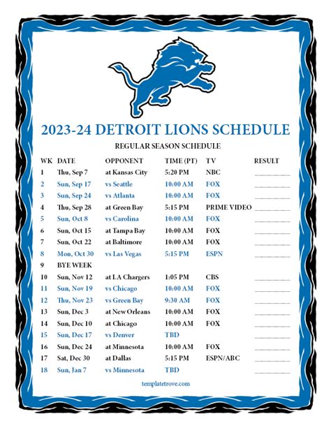 lions schedule next year