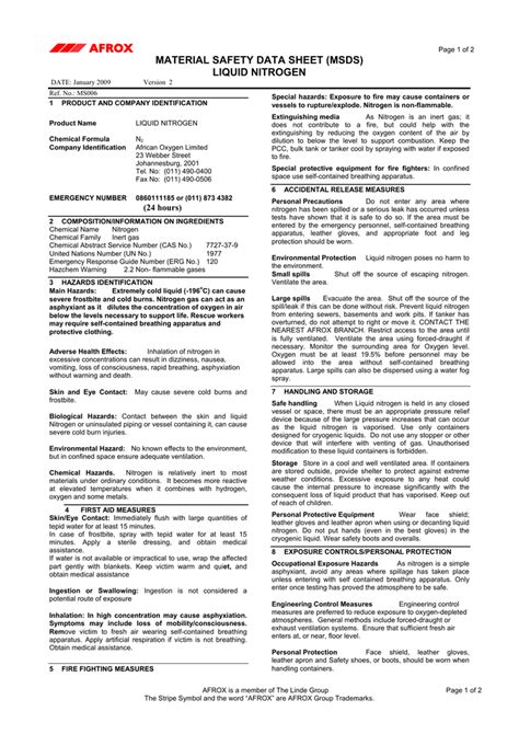 Liquid Nitrogen Msds Sheet