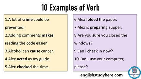 list 10 example of a verb