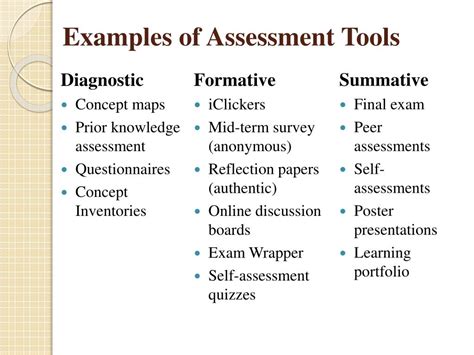 list five different types of assessment instruments