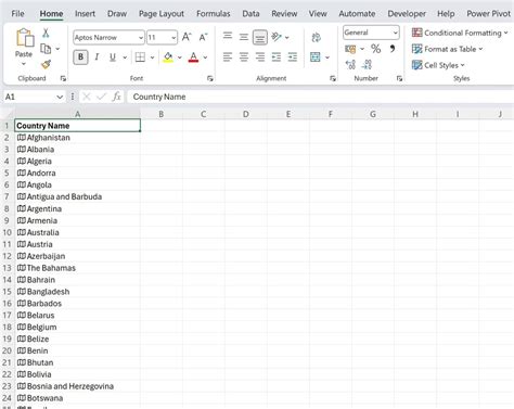 list of all countries in excel format
