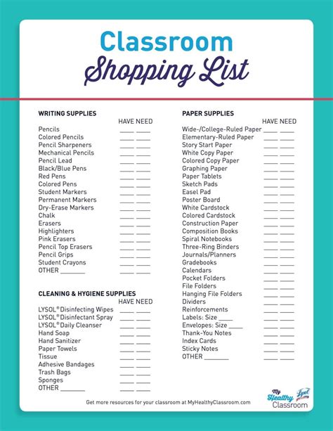 List Of Classroom Items