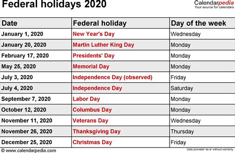 list of holidays 2020