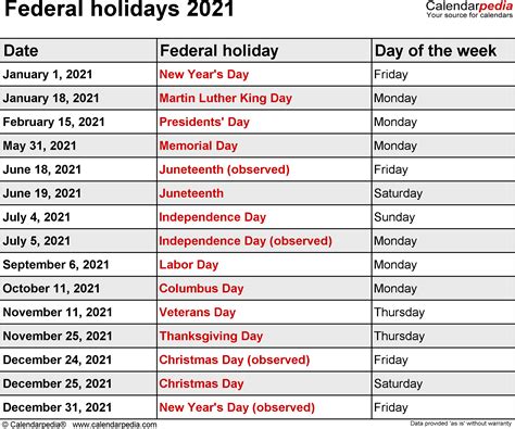 list of holidays 2021