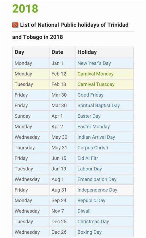 list of holidays in trinidad