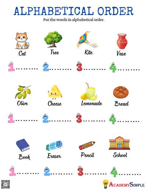 list of words in alphabetical order examples with answers