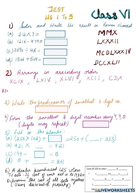 Live Worksheet For Class 6 Maths