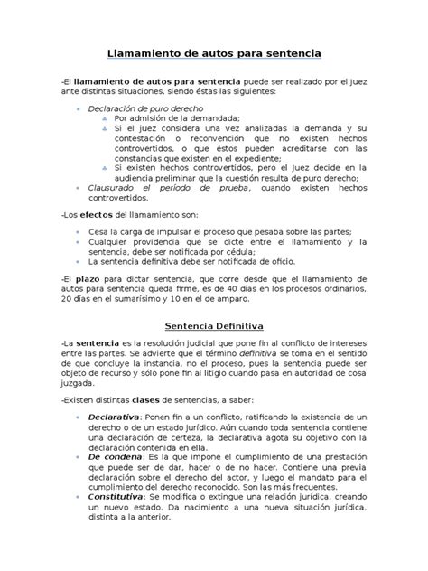 llamamiento de autos para sentencia