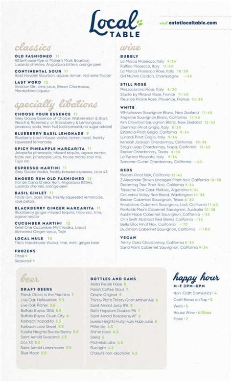 Local Table Menu Calories