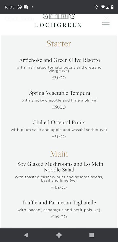 Lochgreen Dinner Menu