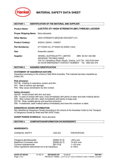 Loctite 271 Threadlocker Data Sheet