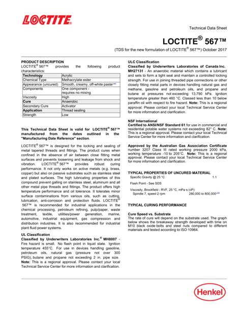 Loctite 567 Thread Sealant Safety Data Sheet