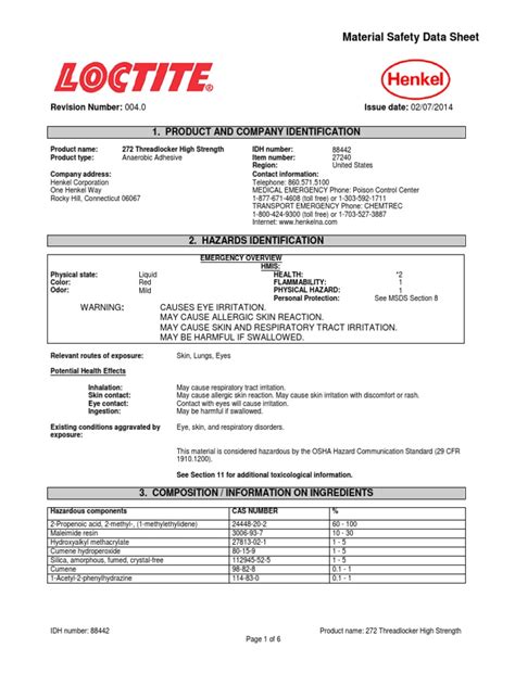 Loctite Msds Sheets