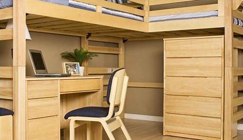 Workstation loft bed with UShaped Desk, shelving and cork