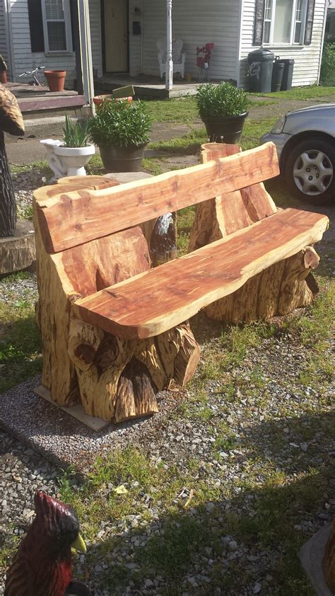 log bench in garden setting