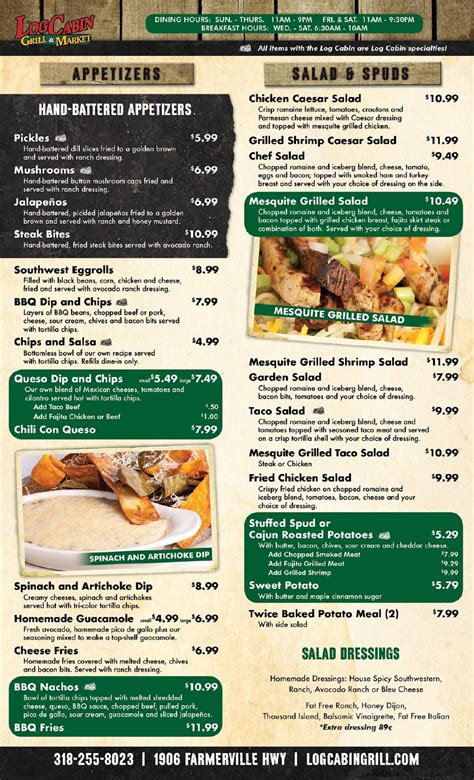 Log Cabin Ruston Menu