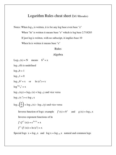 Logarithm Rules Sheet