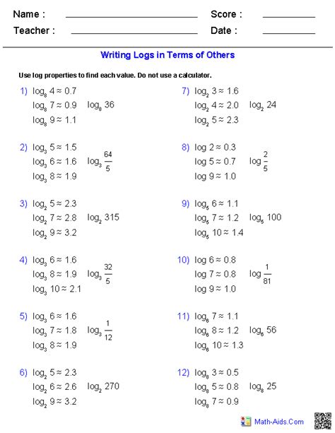Logarithms And Logarithmic Functions Worksheet Answers