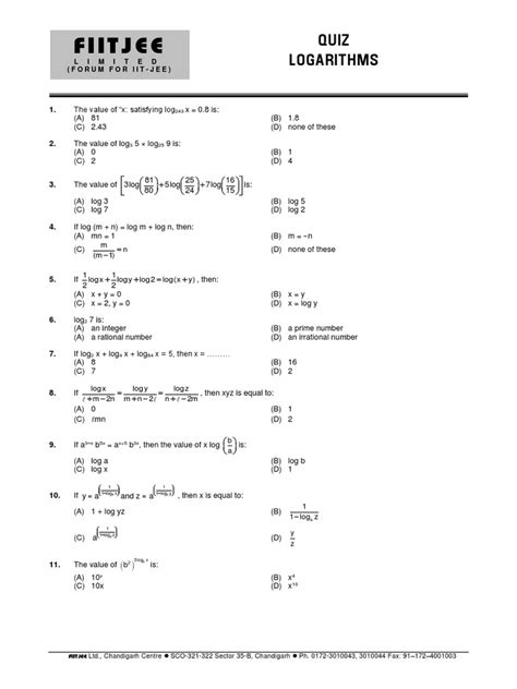 Logarithms Quiz Pdf