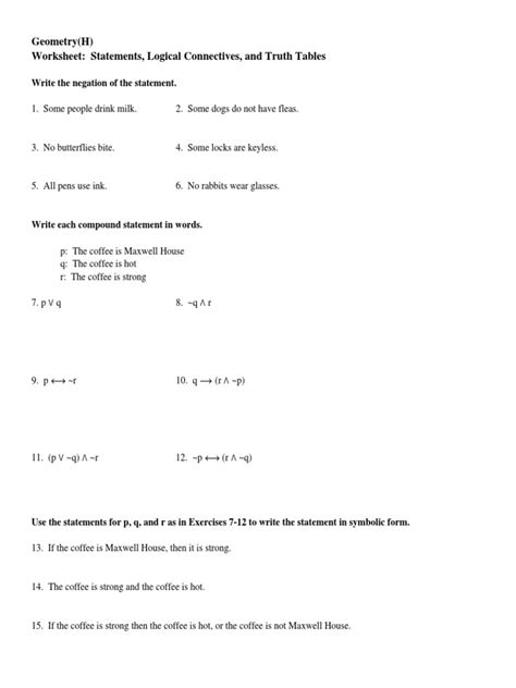 Logical Connectives Math Worksheet